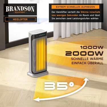 Керамічний обігрівач Brandson 2000 Вт з дистанційним керуванням, енергоощадний, тихий, для ванної, з осциляцією, срібний, сертифікат GS, переможець 2024