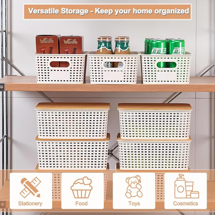 UHAPEER Storage Box with Bamboo Lid, 6 Piece Storage Basket, Plastic Basket Storage, Kitchen Organizer White, Stackable Storage Boxes, Box with Lid 25.6 x 18 x 10.7 cm