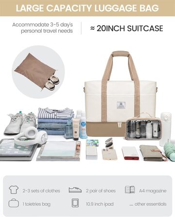 Сумка-валіза LOVEVOOK для жінок, водонепроникна, 42L, зелено-бежева. Ідеальна для подорожей, спортзалу, пологів та Ryanair. Має відділення для взуття та клінічна сумка.