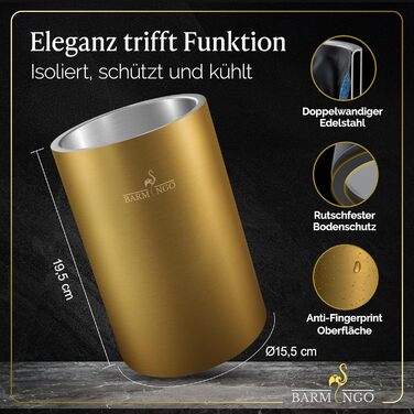 Охолоджувач для вина BARMINGO з нержавіючої сталі з 2 охолоджувальними акумуляторами – охолоджувач для напоїв та пляшок для вина, шампанського та секту | Подвійний сектокюлер з охолоджувальними манжетами | Охолоджувач для винних пляшок | Золотий