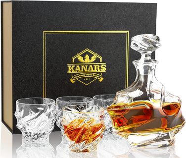 Набір для віскі KANARS: декантик 750 мл та 4 келихи 260 мл, скляний, без свинцю, 5 предметів, подарунковий, прозорий