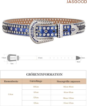 Жіночий шкіряний ремінь JasGood з камінням, стиль вестерн, ковбойський, з заклепками для джинсів та штанів (Синій, 105 см, підходить для розміру 66-80 см)