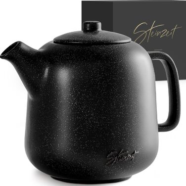 STEINZEIT Design Teapot (1.3L) with 304 Stainless Steel Infuser - Ceramic Teapot with Unique Glaze with Removable Strainer - Black