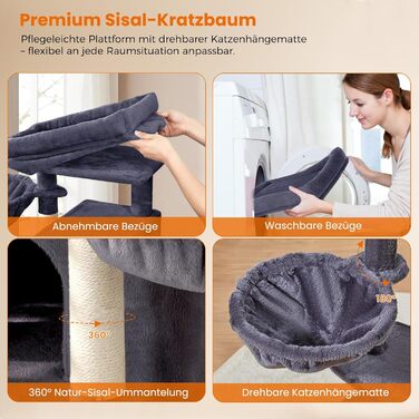 Драбина-кіготь для котів великих порід, кіготь-будинок з сизалю, платформа, м'ячики та щітка, 95 см, темно-сірий