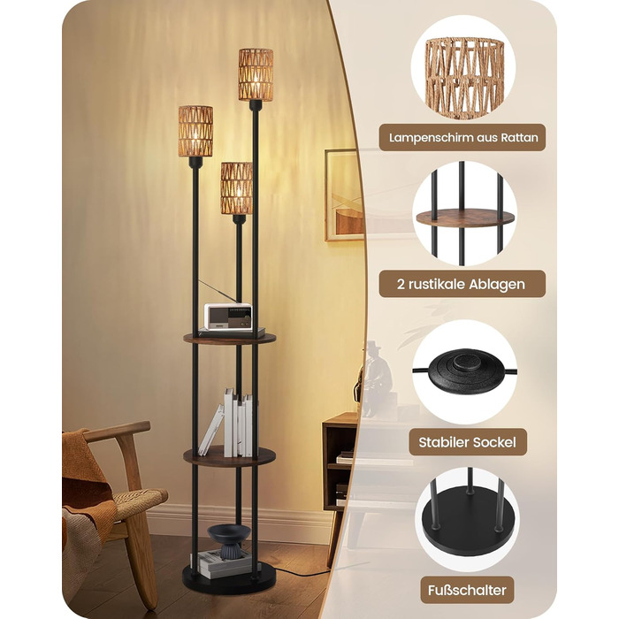 Стельова лампа для вітальні з полицею, 3-лампова торшер з етажеркою у стилі вінтаж, бохо торшер з дерева з вимикачем на ніжці, патрон E27, ретро-дизайн у кольорах коричневого та бежевого, ZEF53LDD05 (Ротанг, Чорний)