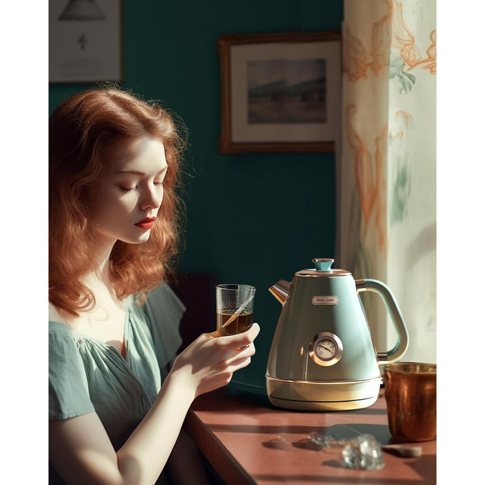 Електричний чайник Hazel Quinn з нержавіючої сталі, без BPA, STRIX-контролер, поворотний на 360°, індикатор температури, ретро-дизайн, автоматичне відключення, 2200 Вт, 1.7 л, м'ятний колір