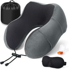 Подушка для шиї у літак - подушка для подорожей Memory Foam, ергономічна форма - подушка для шиї з маскою для сну, навушниками, сумкою - ідеально для літака, подорожей, офісу, дому (Сірий)