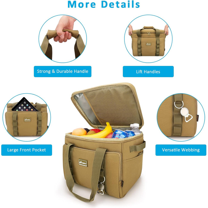 UPEELIFE Cooler Bag 24L, Large Foldable Lunch Bag Insulated Bag, Waterproof Picnic Bag Cooler Bag with Shoulder Strap for Picnic BBQs Shopping Beach Camping (Khaki)
