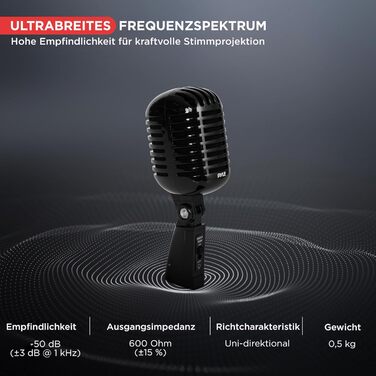 Мікрофон Pyle Динамічний Ретро-стиль, для вокалу та запису, з XLR-кабелем 4.88м, сумісний зі стандартним кріпленням, чорний
