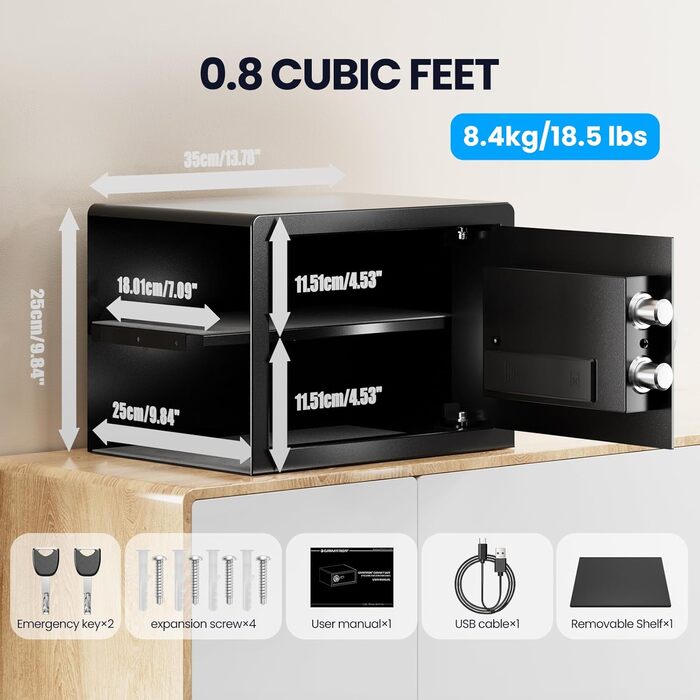 Сейф Grimtron з біометричним сканером відбитків пальців, 22л, LED-підсвічування, тихий режим, антивандальний, з нержавіючої сталі, чорний