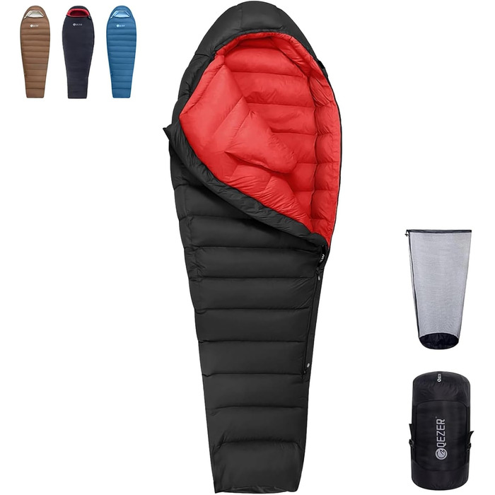 Пуховий спальний мішок для дорослих та дітей, легкий зимовий спальник Outdoor 8°C ~ -30°C для кемпінгу та альпінізму з 650 FP гусячим пухом, чорний, 1000g