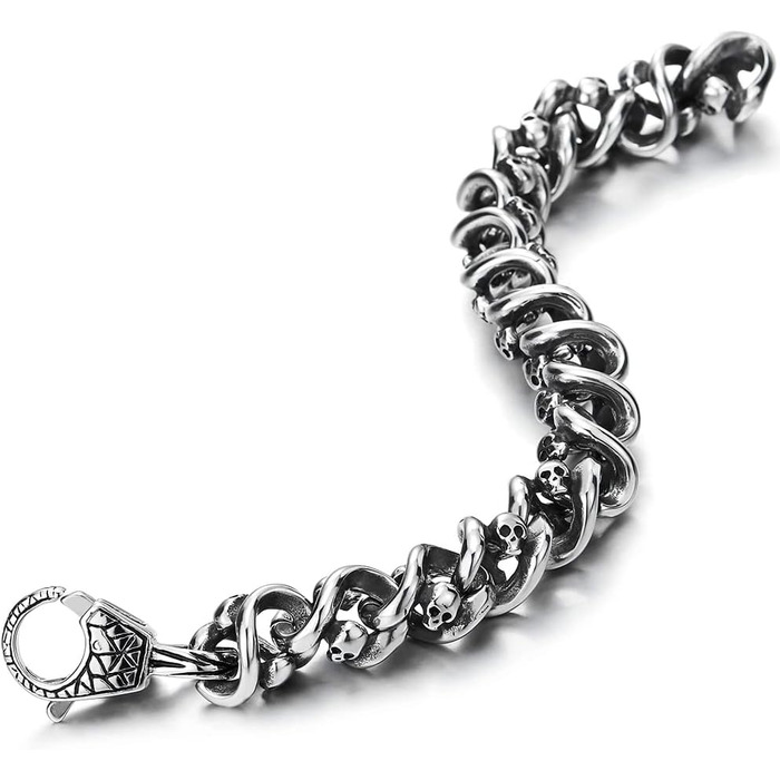 Браслет чоловічий COOLSTEELANDBEYOND з готичним черепом та ланцюгом, нержавіюча сталь, сріблястий колір
