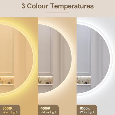 Дзеркало для ванної кімнати STARLEAD 60см з LED-підсвічуванням, регульована яскравість, 3 колірні температури, протитуманна функція, пам'ять налаштувань, HD скло, IP44, вологостійке, сріблястий колір (без Bluetooth)