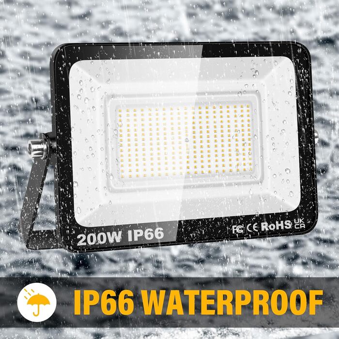 RIGIDON 2x 75W LED Floodlights Outdoor, 7500LM Outdoor Floodlight, 3000K Warm White IP66 Waterproof LED Floodlight, Outdoor Lamp for Garden, Courtyards, Garage, Hotel, Sports Field, Workshop (1 x 200W)