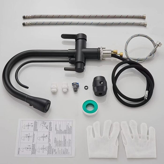 Чорний кухонний змішувач з висувною лійкою 360°, з нержавіючої сталі, для фільтрованої води