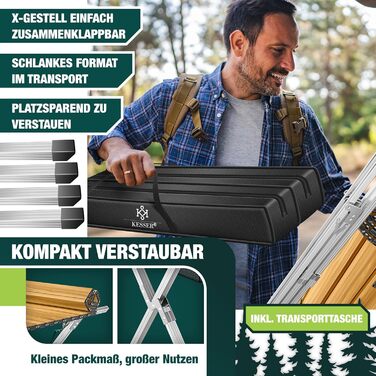 Складний кемпінговий стіл KESSER® 120x70 см з алюмінієвим каркасом та стільницею під дерево, до 100 кг, з сумкою для транспортування