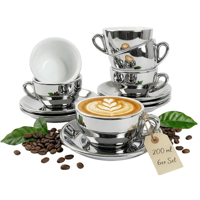 Набір з 6 еспресо-чашок з підстаканниками, хром, італійський стиль, Dickwandig & schwer, 200 мл, срібний | Подарунковий набір