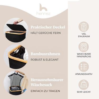 HENNEZ Laundry Basket with Lid, 2 Compartments, Slim Laundry Basket, Black, 141L Laundry Bag - Laundry Sorter, Anthracite Laundry Box, Laundry Bin, Black Laundry Collector with Lid, Laundry Chest, Dark Laundry Baskets