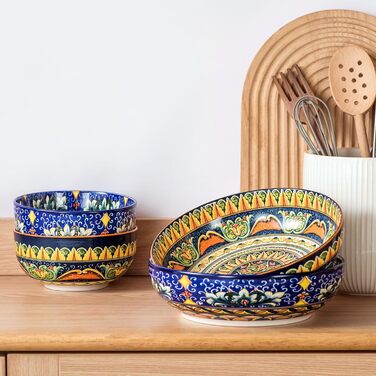 Набір тарілок Henten Home Mylo: 2 тарілки для супу та салатів, 1500 мл, бохо стиль (синьо-помаранчевий)