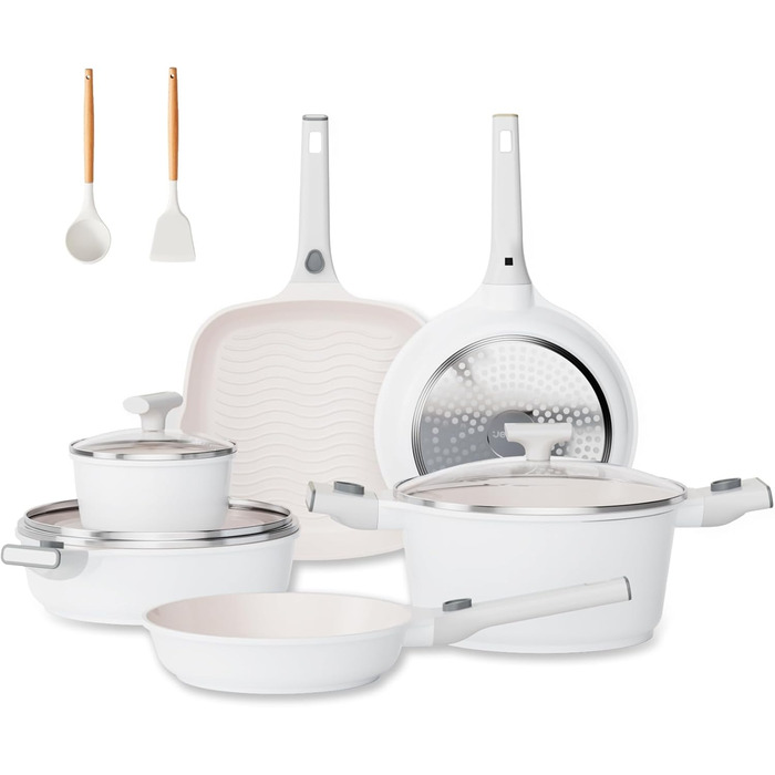 JEETEE Cookware Set, 4-Piece, 20/28 cm Frying Pan, with Removable Handle, Granite Non-Stick Cookware Set, Stackable Induction Pots Set, Suitable for All Cooktops, Oven Safe