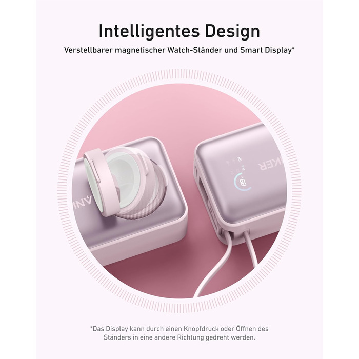 Повербанк Anker MagGo 10000mAh для Apple Watch та iPhone 17/16/15, Samsung, iPad, AirPods, вбудований кабель USB-C, 35W Max, сертифікований, Рожевий