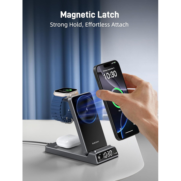 Зарядна станція 3-в-1 бездротова для iPhone, Apple Watch, AirPods, з годинником, для подорожей