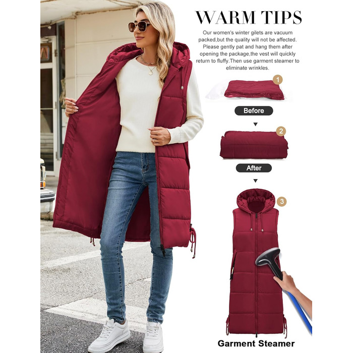 Жіноча довга степкова жилетка Vancavoo з капюшоном, червона, XXL
