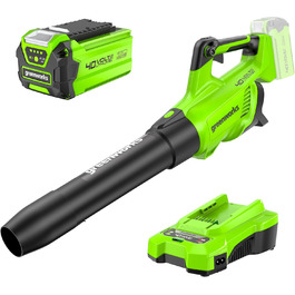 Акумуляторний повітродув Greenworks 40V, 193 км/год, 14,2 м³/хв, регульована насадка, плавне регулювання швидкості, комплект з акумулятором 2Ah і зарядним пристроєм