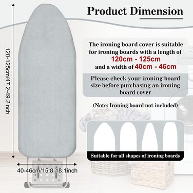 Чохол для прасувальної дошки з бавовни, 120-125x40-46 см, для прасувальних станцій, підходить для більшості дошок, колір сріблястий