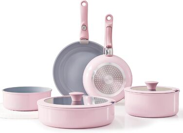 Florosa Ceramic Pots & Pans 5-Piece Set, 20/26cm Non-Toxic Cookware Set, Non-Stick Coated Pan with Lid & Removable Handles, Induction and Oven Safe, PTFE and PFOA Free, Pink