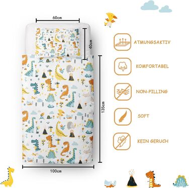 Комплект постільної білизни для ліжечка DJDEA для хлопчиків з динозаврами, 100x135 см, мікрофібра, 2 шт. (простирадло 100x135 см + наволочка 40x60 см)