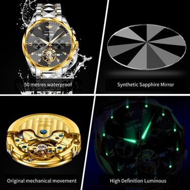 Чоловічий наручний годинник OLEVS G3316: аналоговий, водонепроникний, зі сталевим двоколірним ремінцем, чорним циферблатом, підсвічуванням та календарем