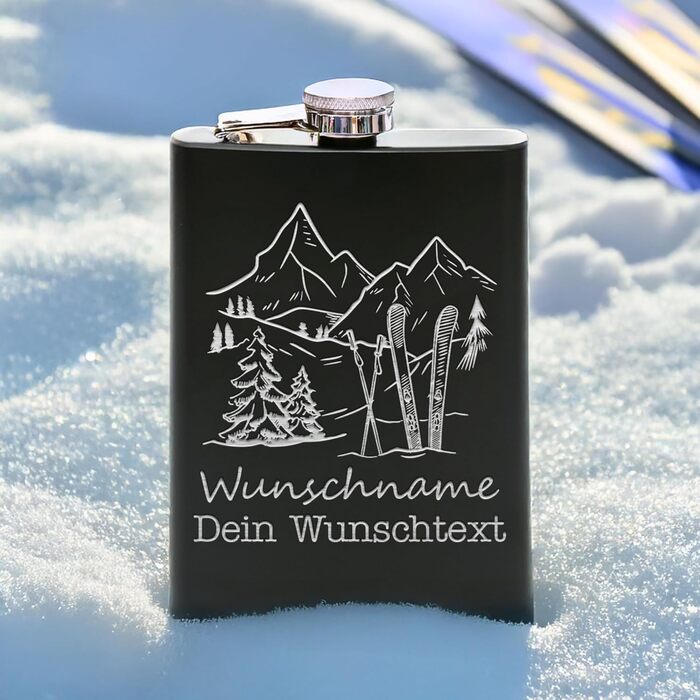 Фляга з нержавіючої сталі Flanacom з гравіюванням, 227мл / 8oz, для сноубордистів та любителів зимових видів спорту. Персоналізована фляга з індивідуальним гравіюванням (дизайн 1, чорний).