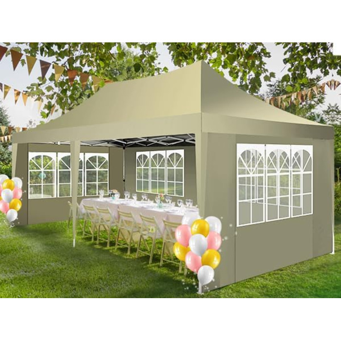 COBIZI Pavilion 3x3 Waterproof, Stable, Winter-Proof Party Tent, Folding Pavilion 3.0, 100% Waterproof and UV 50+ Portable High-End Portability Garden Pavilion, (Khaki, 3x6 with 6 Side Walls)