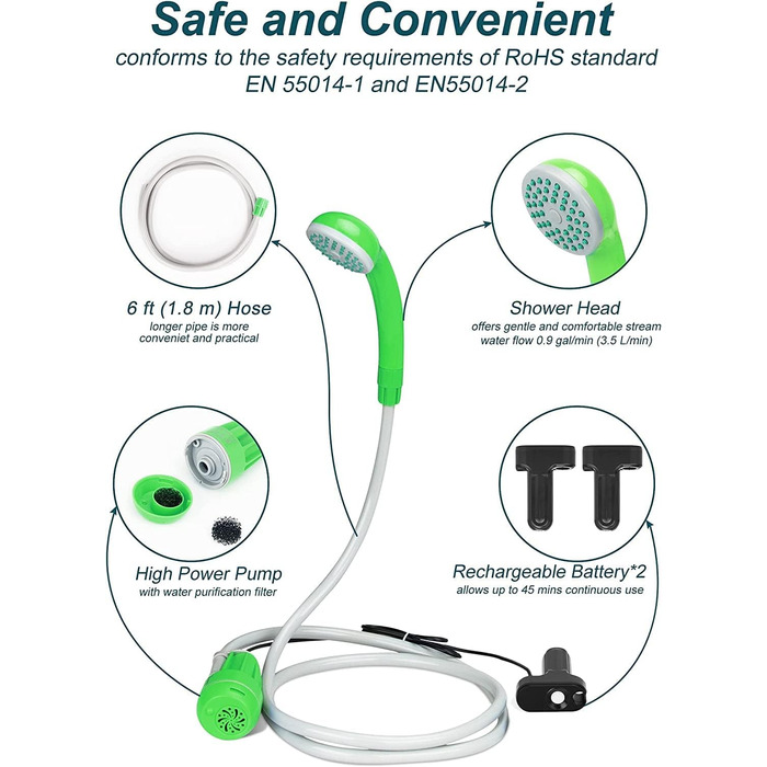 LIBERRWAY Camping Shower with Pump, Camping Shower Set with Rechargeable Battery, 2m Shower Hose Outdoor Shower for Garden Beach Camping Travel Car Washing, Mobile Shower Black (Green-2 Batteries)