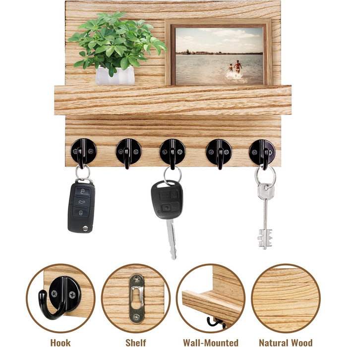 Дерев'яне ключниця з полицею на стіну, декоративне настінне кріплення для ключів, 5 гачків, для прихожої, спальні, вітальні (колір дерева)