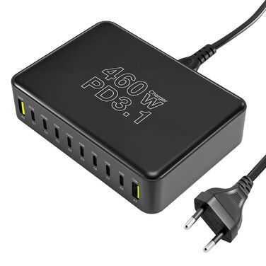 Зарядний пристрій USB-C 460W, 10 портів, PD 3.1 100W/45W/35W/20W для MacBook, iPad, iPhone, HP, Samsung Galaxy та ін. (Сірий)