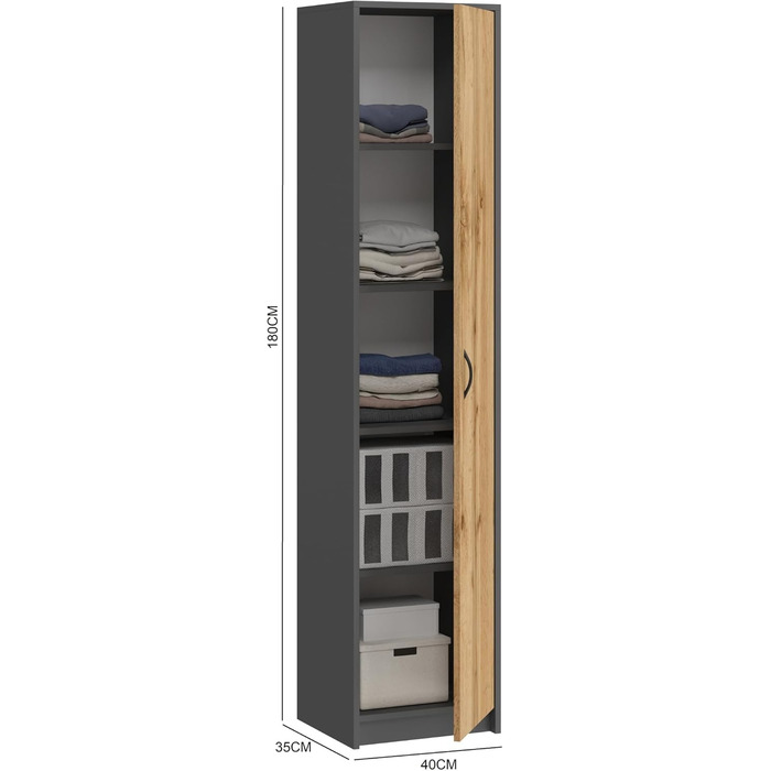 Bookshelf Wardrobe Shelf White 40cm wide 180cm high Cabinet Organizer Multi-purpose Cabinet with 4 adjustable shelves Filing cabinet Shelf Wall narrow Wood for bedroom hallway basement office (Anthracite Oak)