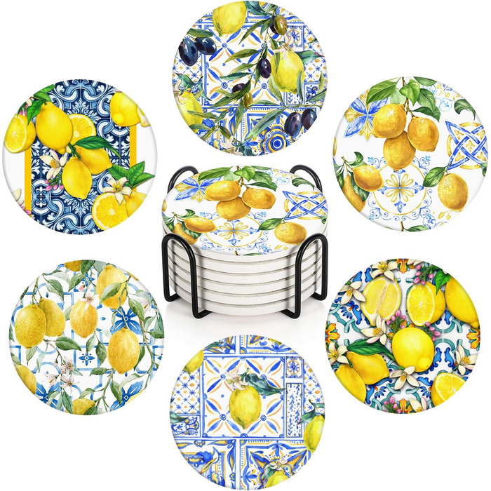 Drink coasters, set of 6, yellow lemon, fruit, blue ceramic tiles, pattern, absorbent, square, ceramic stone mat, with cork backing and metal holder, housewarming gift, (lemon)