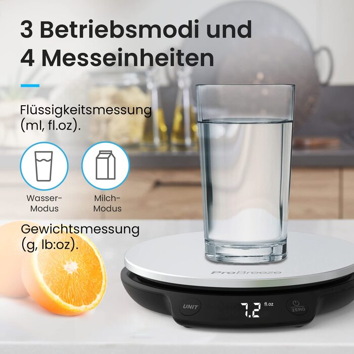 Кухонні ваги Pro Breeze - цифрові, до 5 кг, з точністю 1 г, з вимірюванням рідини, LCD-дисплей, функція тарування, сріблястий/нержавіюча сталь