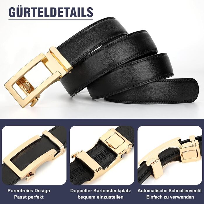 Чоловічий шкіряний ремінь JasGood з автоматичною пряжкою, регульований, без дірок, ширина 35 мм (06-чорний, 130 см, обхват талії 101-115 см)