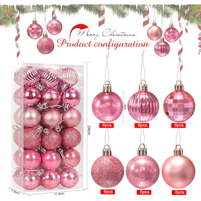 Новорічні кулі Рожеві, 36 шт. Кулі для ялинки з пластику 4 см, набір прикрас для ялинки, декор для святкування
