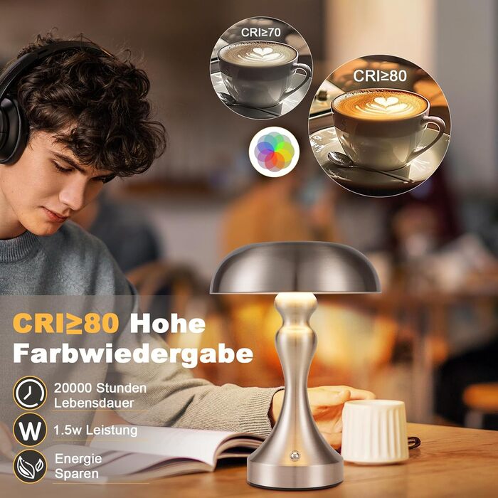 Бездротова настільна лампа Nicke - LED торшер з торканням, регульоване освітлення, USB зарядка, вінтажний дизайн, для спальні та вітальні