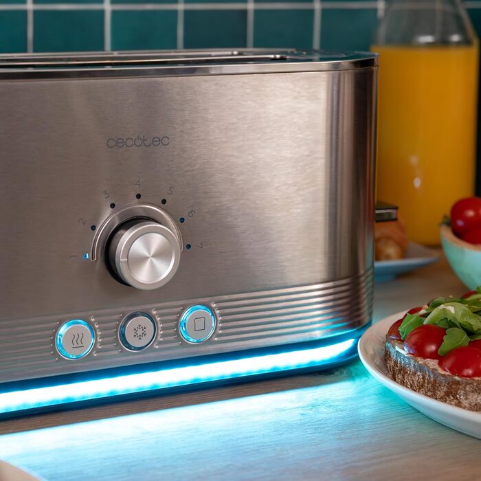 Cecotec Shine&Toast Extra Double stainless steel vertical toaster. 1400W, capacity for 4 slices, 3.8 cm wide slots, illuminated ring, 7 browning levels, upper bread rack.