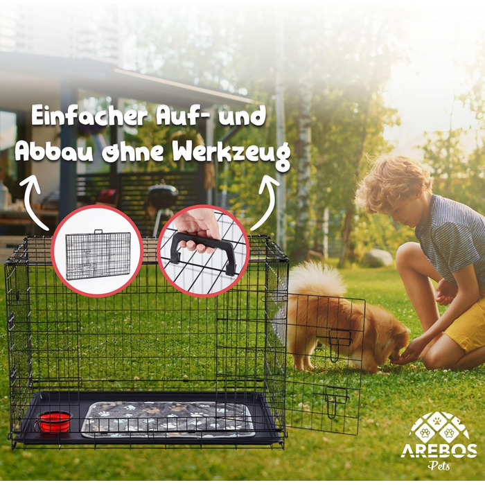 Клітка для собак Arebos | Транспортна переноска для собак, складна | Клітка-переноска для собак з 2 дверцятами | Клітка для собак вдома | Чорний (107 x 71 x 77,5 см)