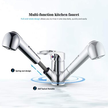 Змішувач кухонний висувний BONADE з подвійною виливом, поворотний на 360°, для кухні, з однією ручкою, хром