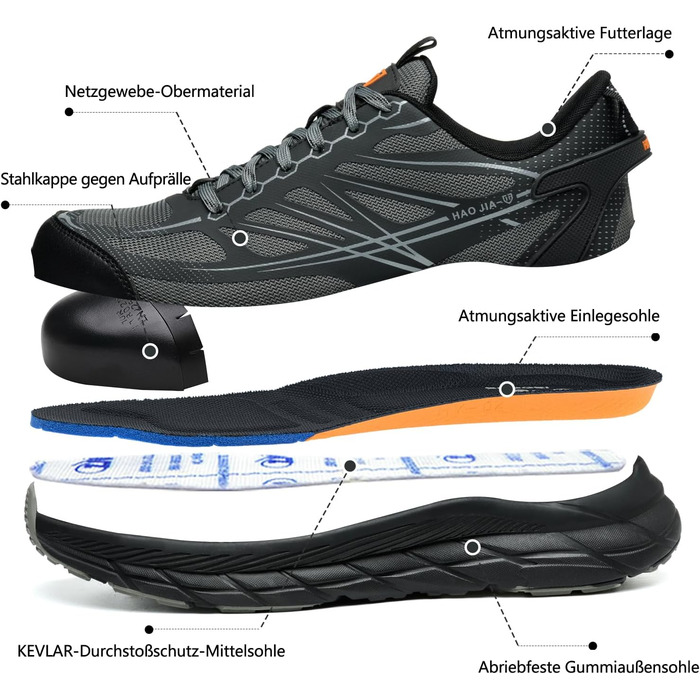 Черевики робочі чоловічі/жіночі, захисні черевики зі сталевим підноском, легкі, дихаючі, розмір EU 37-46, сірий, 44 EU