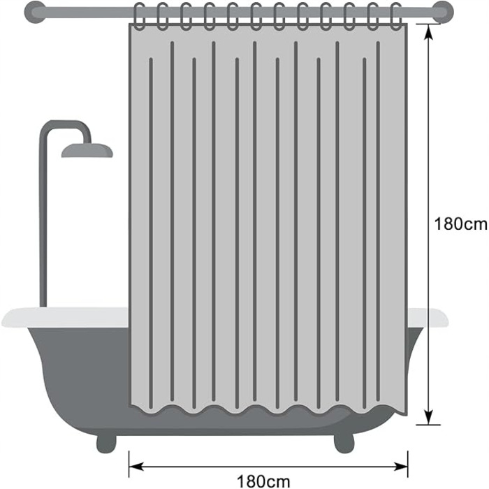 Текстильна штора для ванни, сіра, 180x180 см, на кільцях