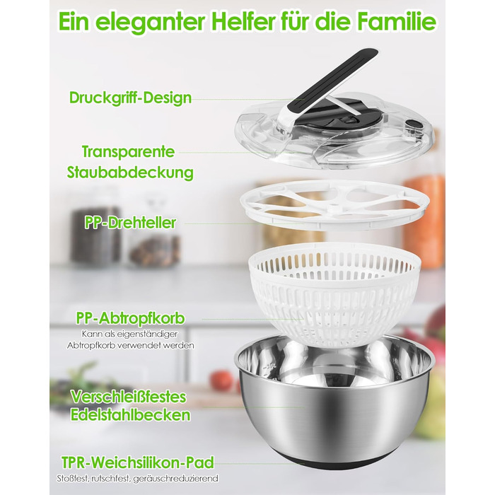Салатниця-центрифуга з нержавіючої сталі, 4,5 л, з кришкою, неслизьким дном, для миття та відціджування салатів, макаронів