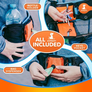 Спортивна повідка на талію для собак SparklyPets - Hands Free для середніх та великих порід. Комплект: тримач для телефону, пакети для екскрементів, кишеня для ласощів та тримач для пляшки. Оранжевий, для двох собак